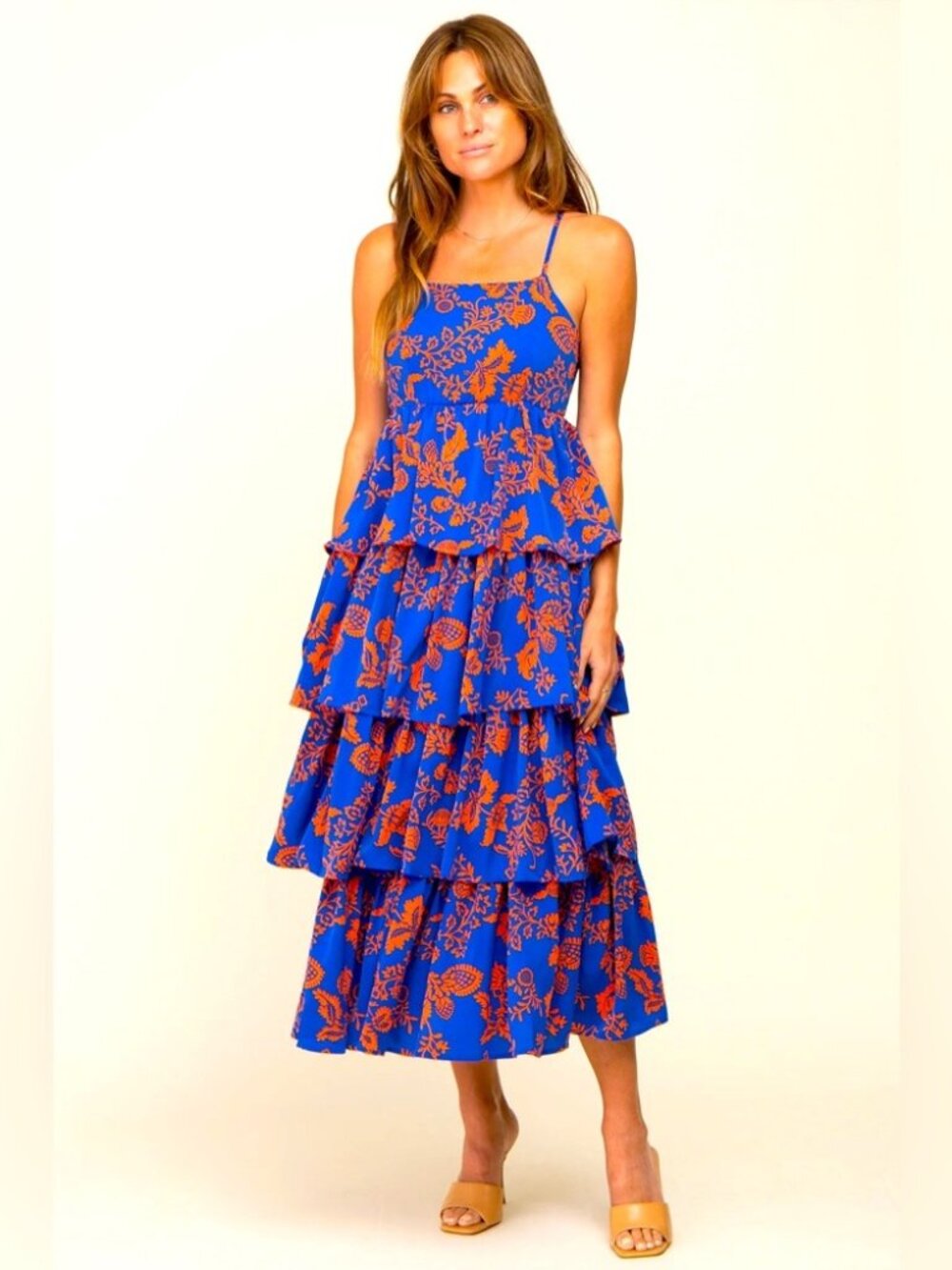 ENTRO Blue and Orange Tiered Ruffle Maxi Dress